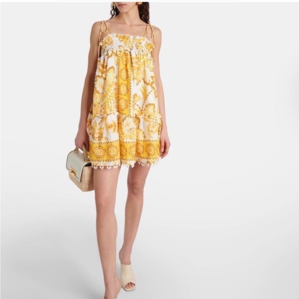 NWT FARM RIO Aura Shirred Floral Cotton Mini Shift Dress Sundress Yellow LARGE
